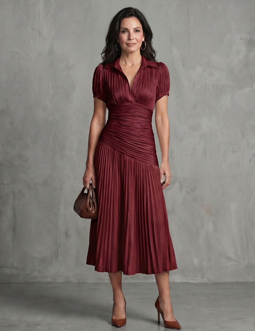 Théodora | Robe midi à taille plissée et rayures