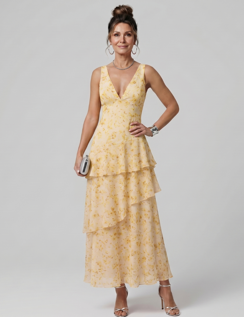 Gala | Robe Midi sans Manches à Décolleté en V Profond avec Motif Peint