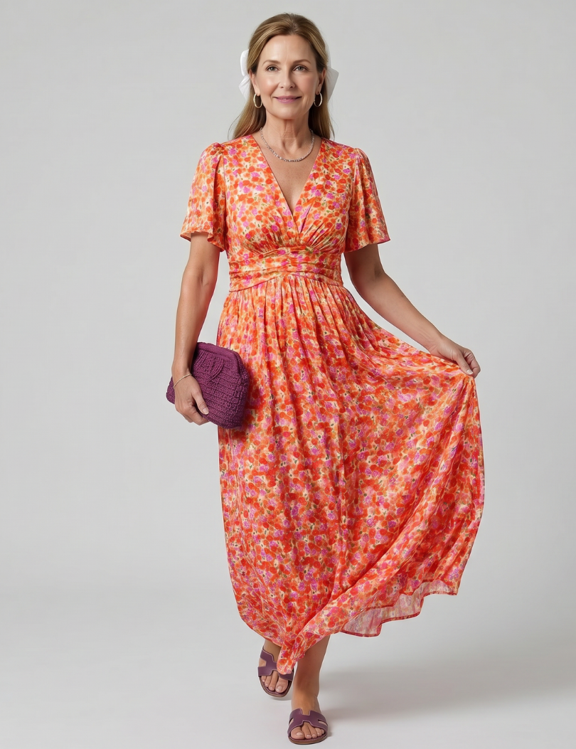 Juna | Robe midi à manches courtes avec imprimé floral délicat