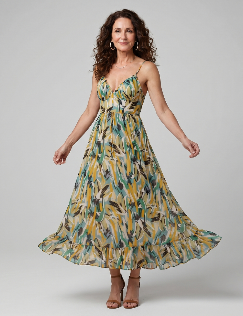 Quill | Robe Midi à Bretelles Spaghetti Imprimé Abstrait