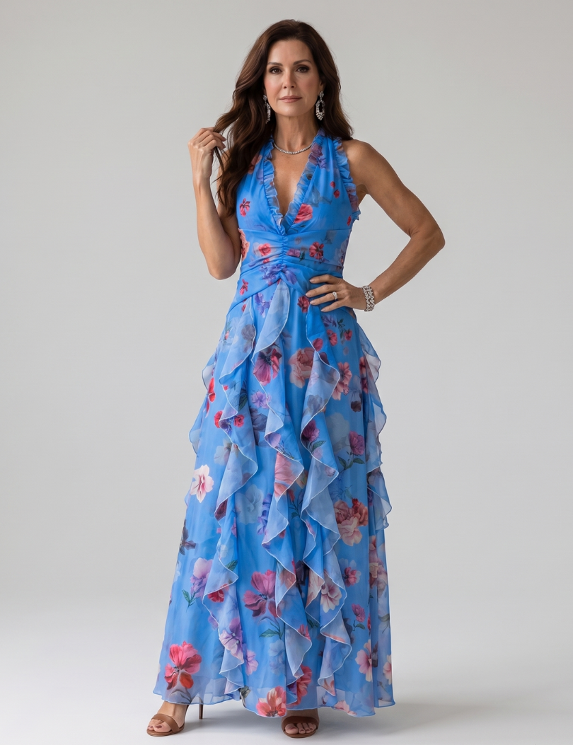 Nori | Robe Maxi Fleurie à Encolure Halter et Corps Froncé