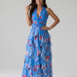 Nori | Robe Maxi Fleurie à Encolure Halter et Corps Froncé