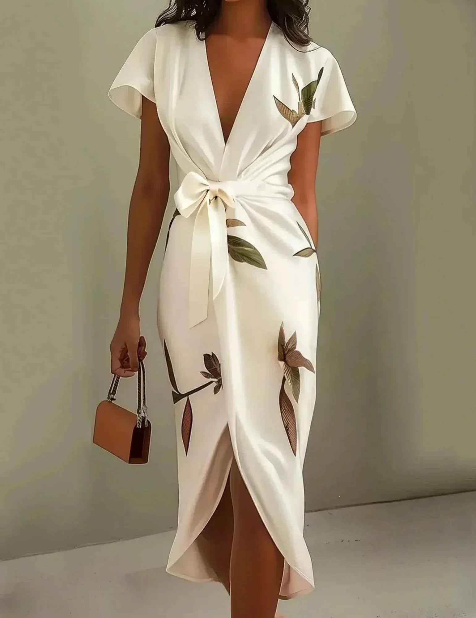 Judy | Robe Midi en Satin à Manches Courtes Blanche