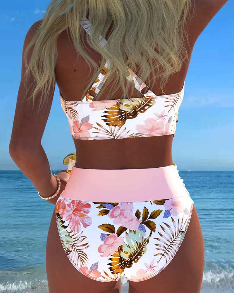 Bikini avec motif floral contrastant et fente