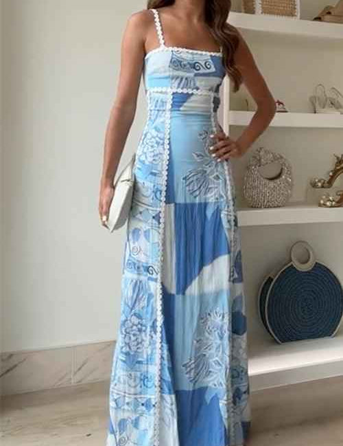 Eleonore | Robe Maxi Imprimée avec Dos en Nœud et Bretelles Ric Rac