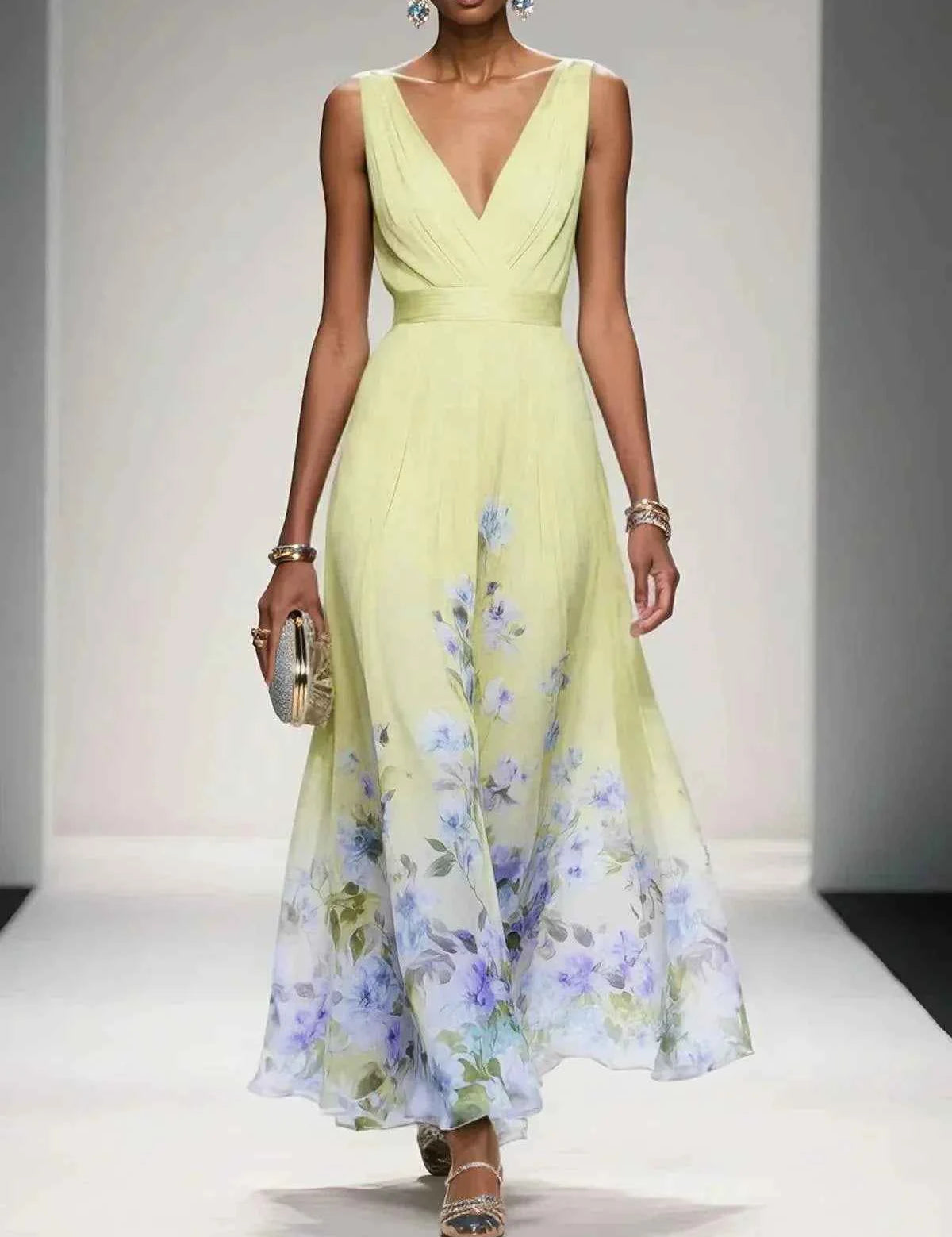 Rosa | Robe Maxi en Chiffon avec Fleurs Bleu Clair et Décolleté en V