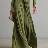 Robe Maxi en Soie Olive à Décolleté en V
