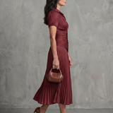 Théodora | Robe midi à taille plissée et rayures