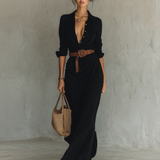 Robe maxi à col revers à manches longues