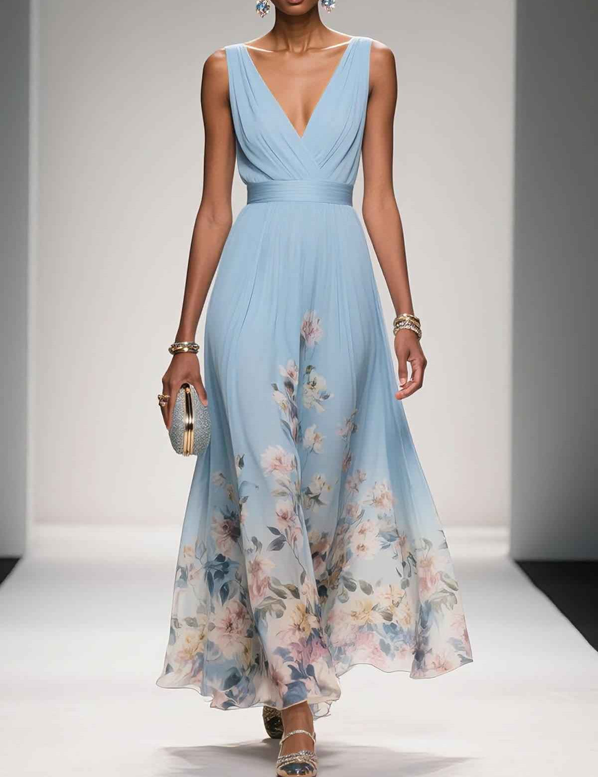 Rosa | Robe Maxi en Chiffon avec Fleurs Bleu Clair et Décolleté en V