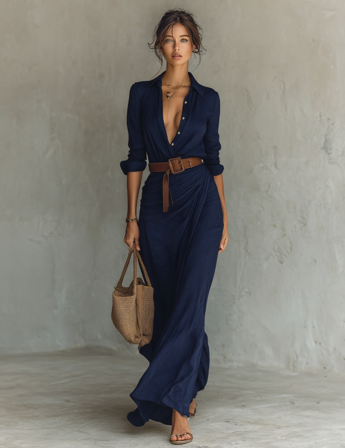 Robe maxi à col revers à manches longues