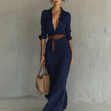 Robe maxi à col revers à manches longues