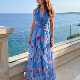 Nori | Robe Maxi Fleurie à Encolure Halter et Corps Froncé