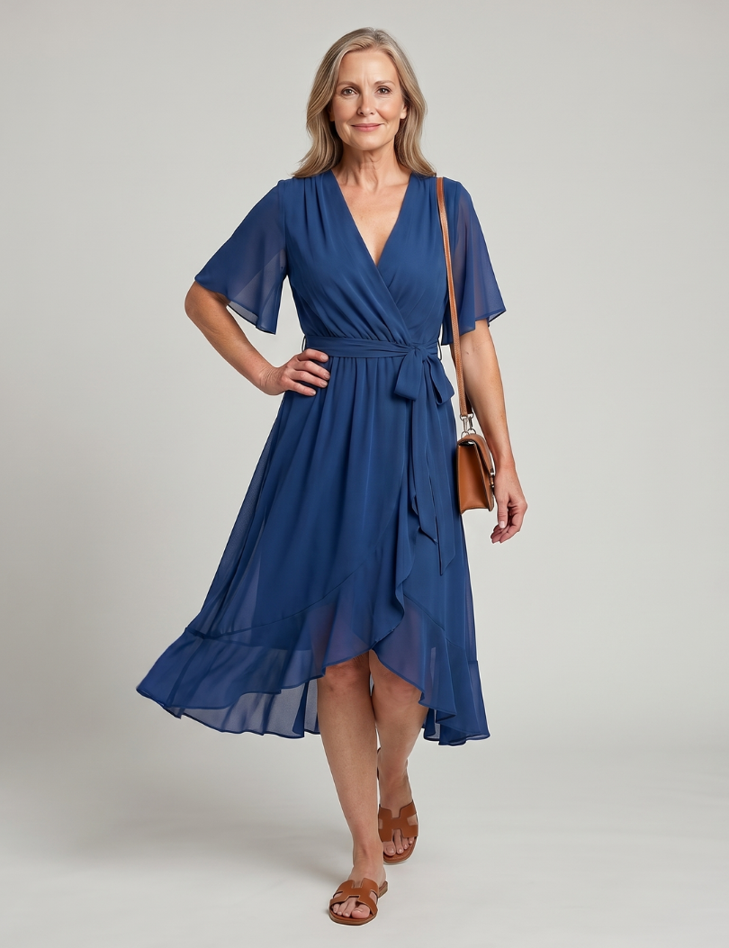Keziah | Robe midi à manches courtes, drapé fluide
