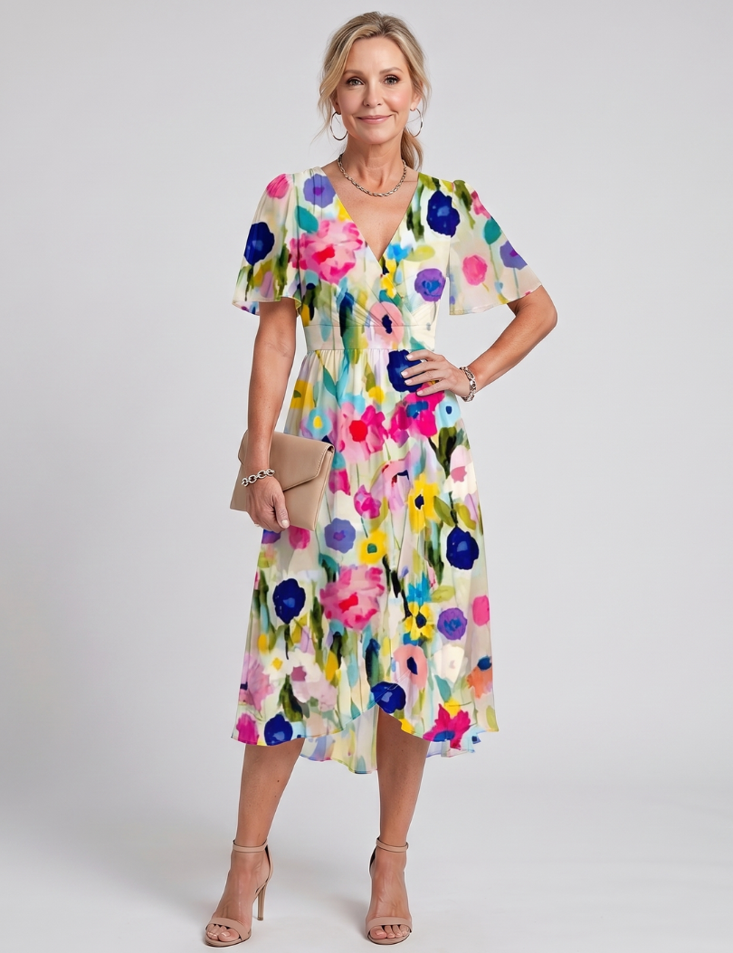 Mirabel | Robe midi à manches volantées et taille froncée avec imprimé floral