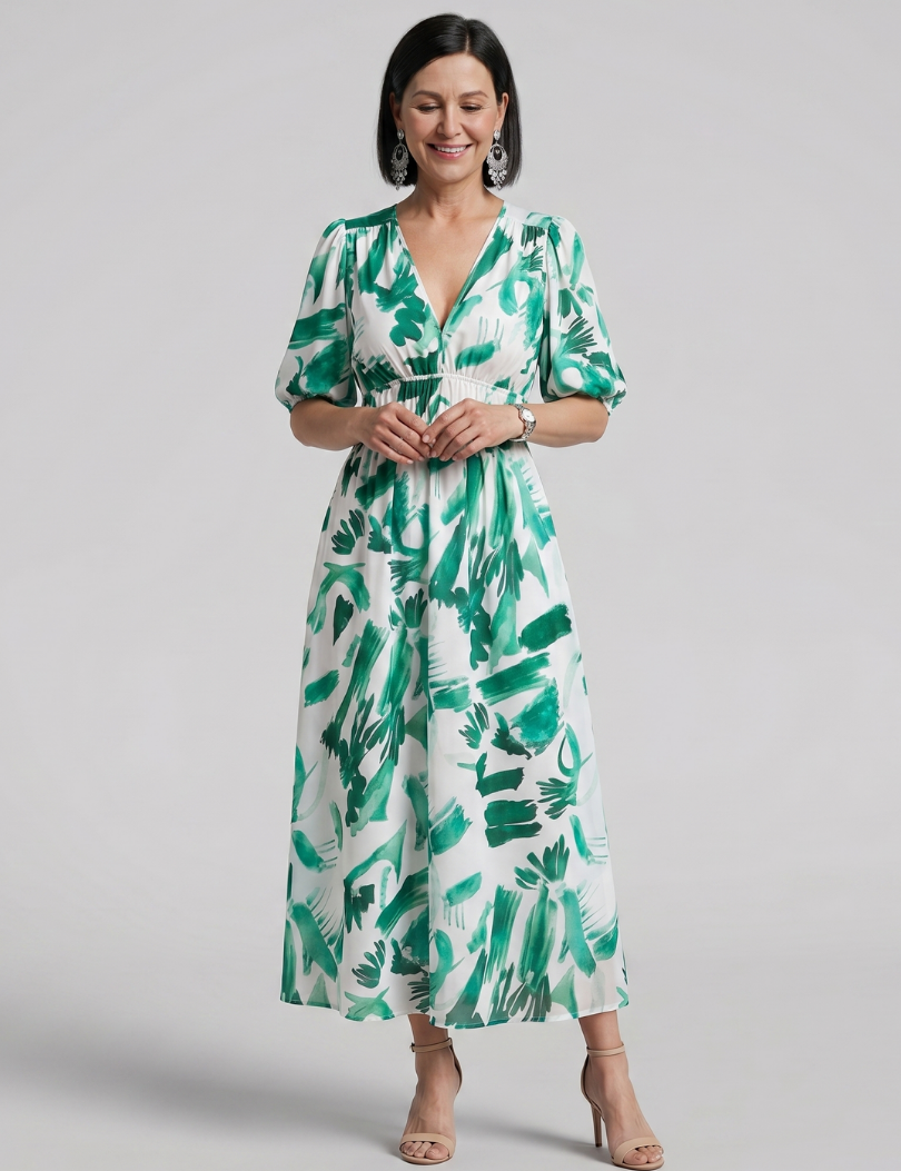 Candlia | Robe Midi à Manches Bouffantes et Imprimé Abstrait