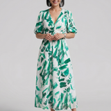 Candlia | Robe Midi à Manches Bouffantes et Imprimé Abstrait