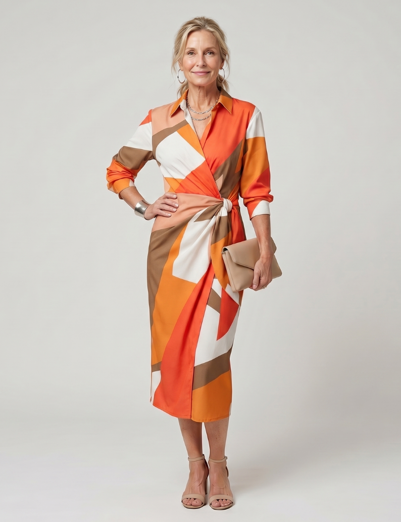 Leya | Robe midi à manches longues avec col et motif rayé