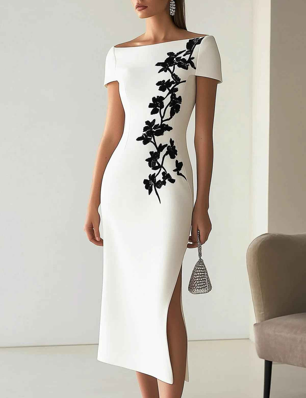 Audrey | Robe Midi à Imprimé Floral Chic avec Col Bateau