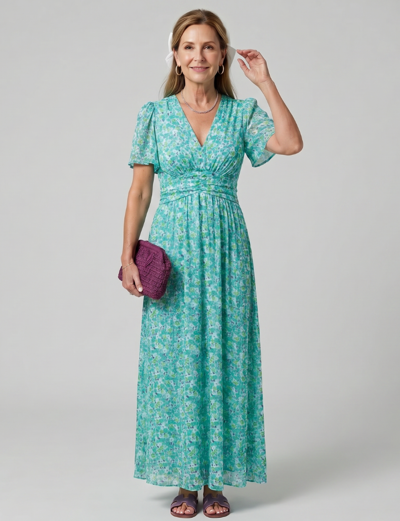 Juna | Robe midi à manches courtes avec imprimé floral délicat