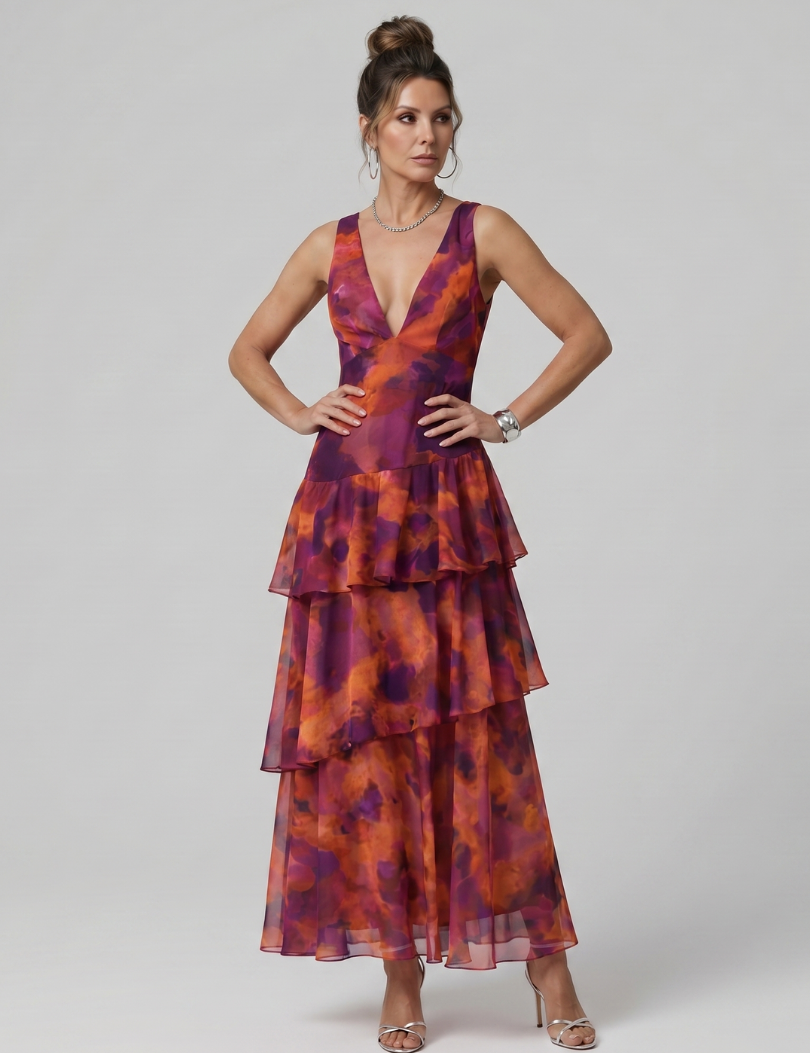 Gala | Robe Midi sans Manches à Décolleté en V Profond avec Motif Peint