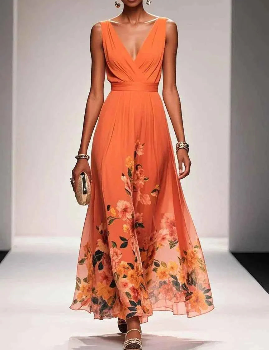 Rosa | Robe Maxi en Chiffon avec Fleurs Bleu Clair et Décolleté en V