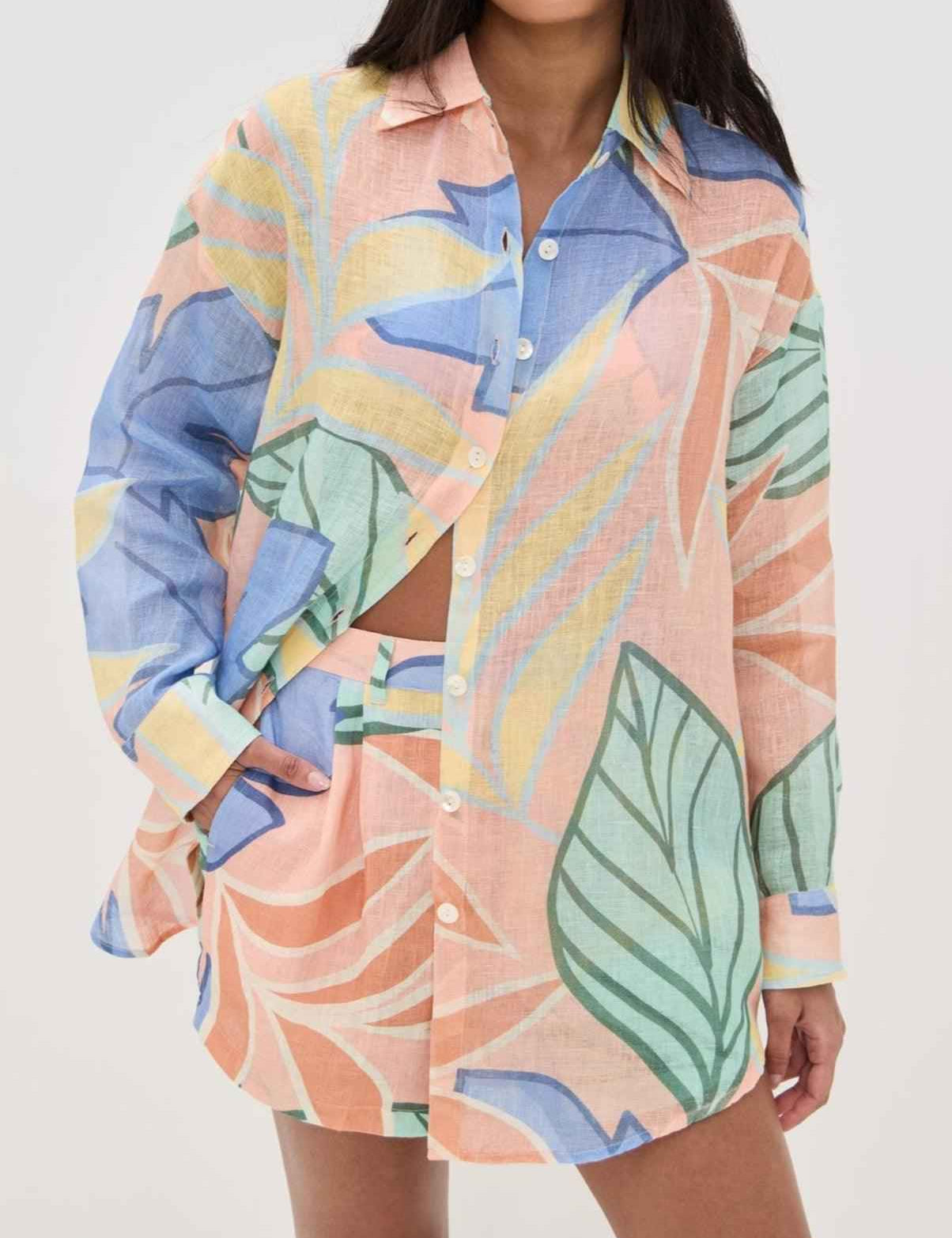 Amandine | Robe Courte Imprimée Feuilles Tropicales