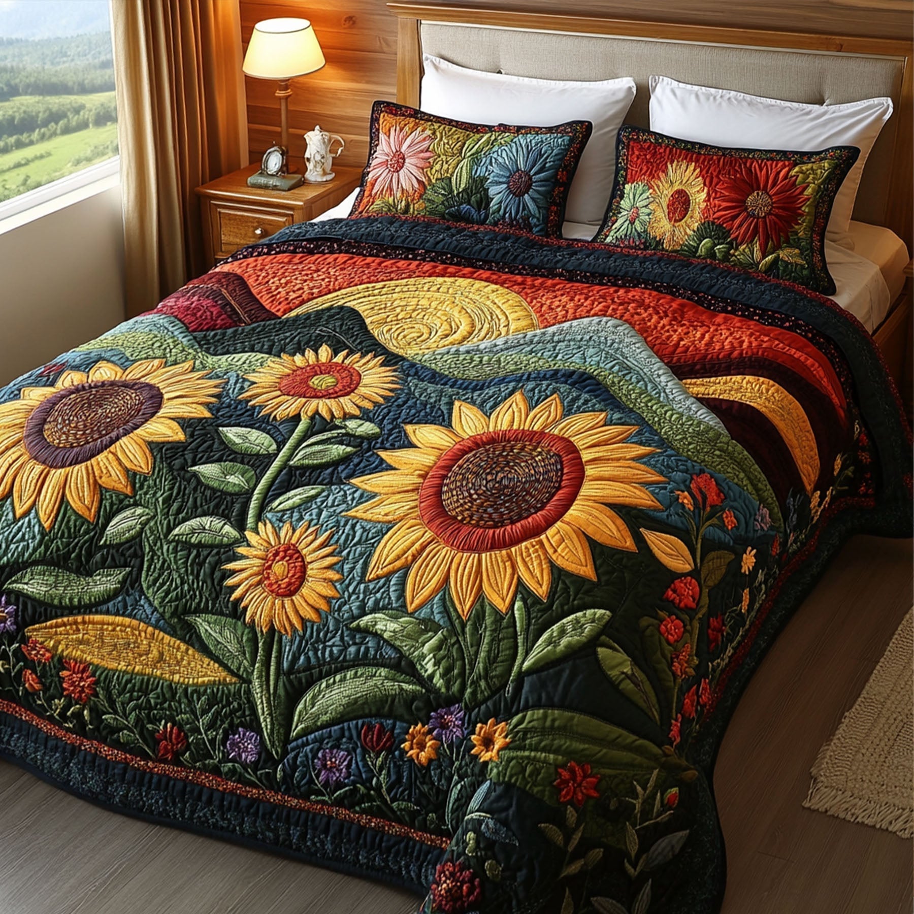 Sunflower Landscape 3-Piece Quilted Bedding Set NCU0VT133