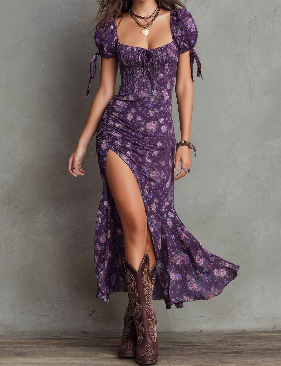 Wendy | Robe Midi à Manches Bouffantes Florales Boho