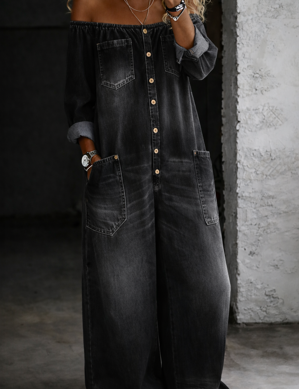 Elena™ | Combinaison en denim avec les épaules dénudées
