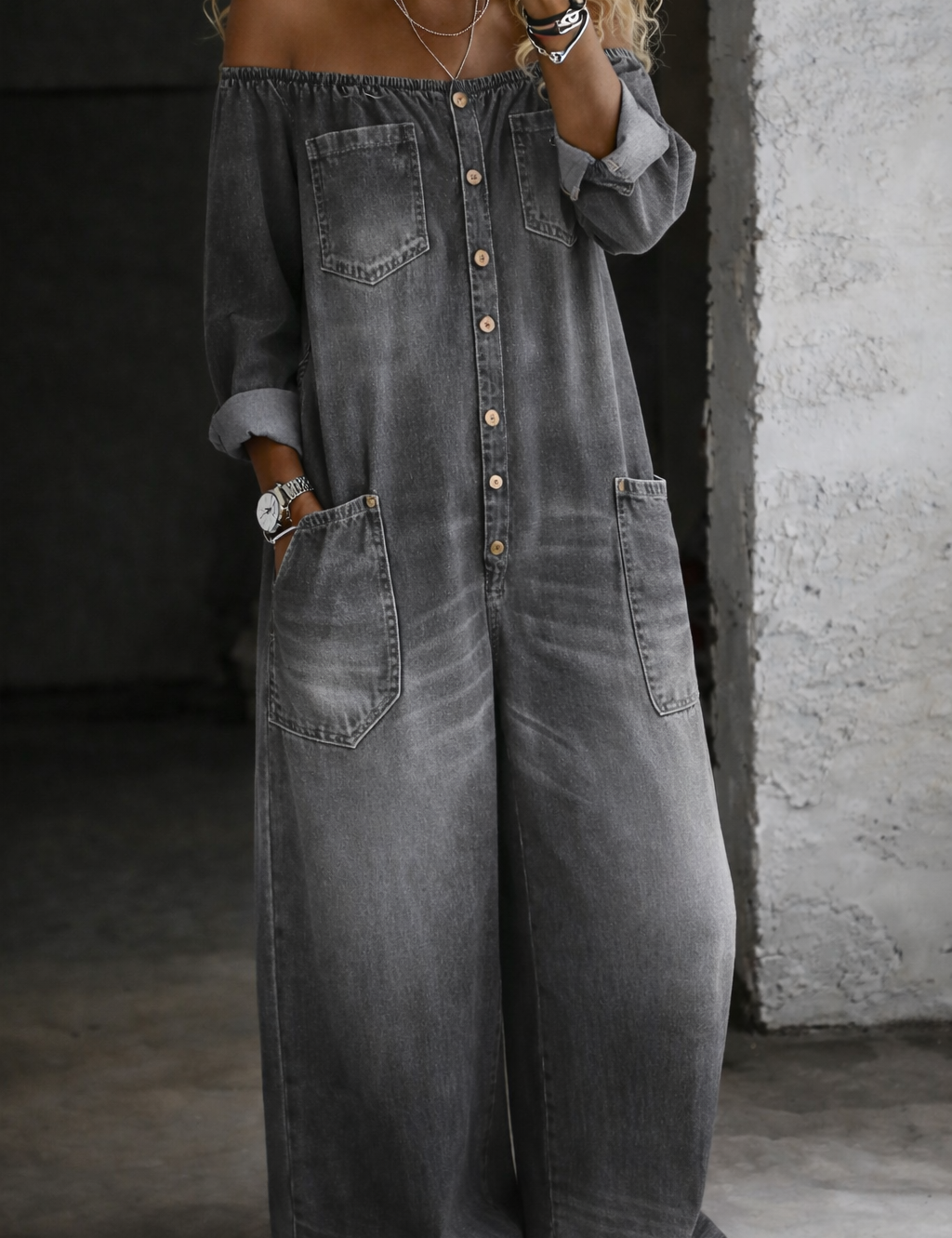 Elena™ | Combinaison en denim avec les épaules dénudées