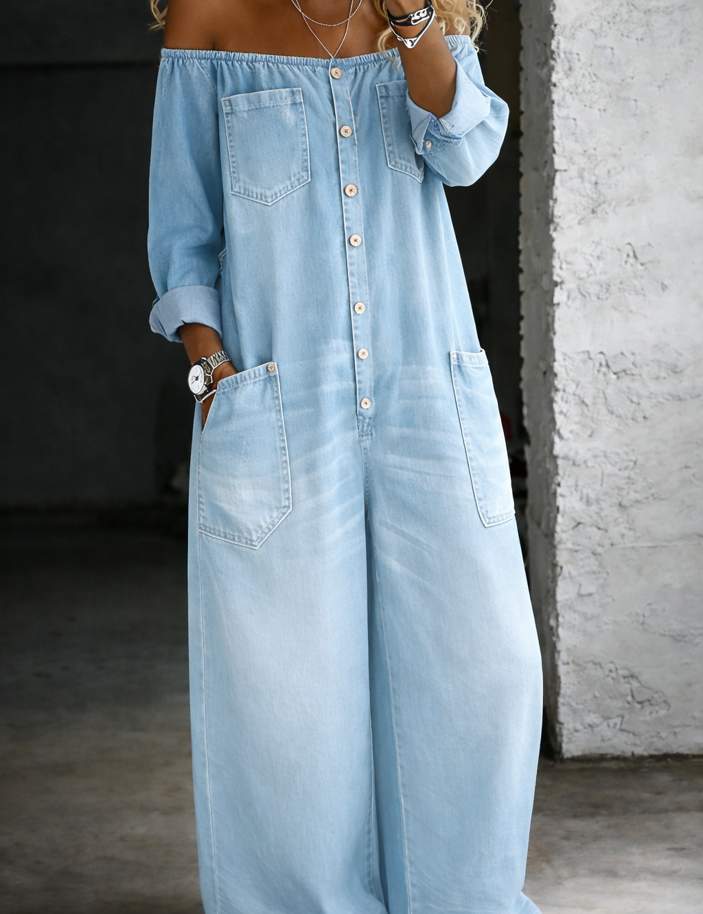 Elena™ | Combinaison en denim avec les épaules dénudées