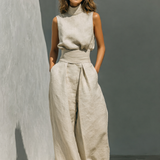 Maria | Ensemble minimaliste de top et de pantalons larges en coton et lin pour femme