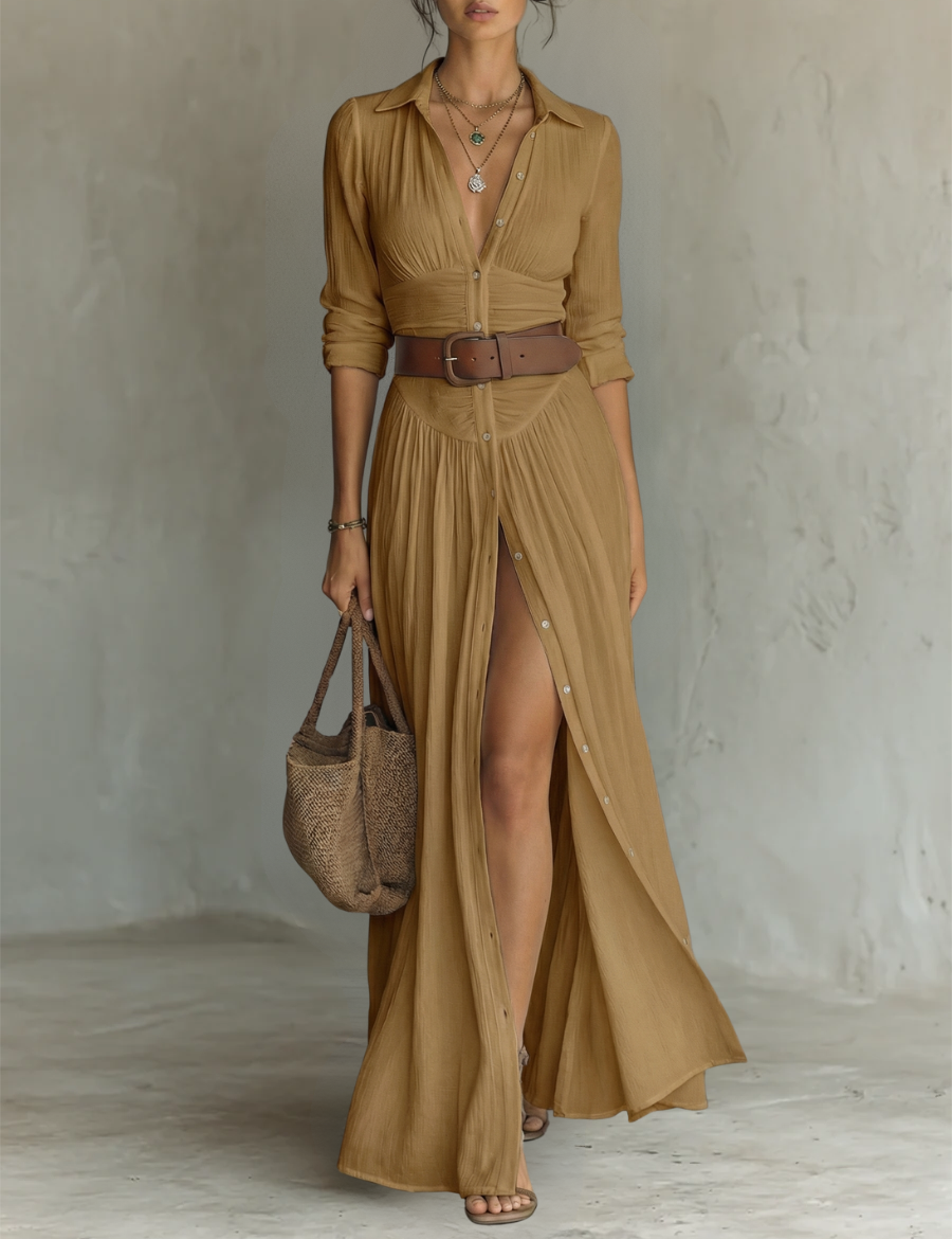 Robe Maxi en Lin à Col Revers à Manches Longues