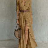 Robe Maxi en Lin à Col Revers à Manches Longues