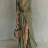 Robe Maxi en Lin à Col Revers à Manches Longues