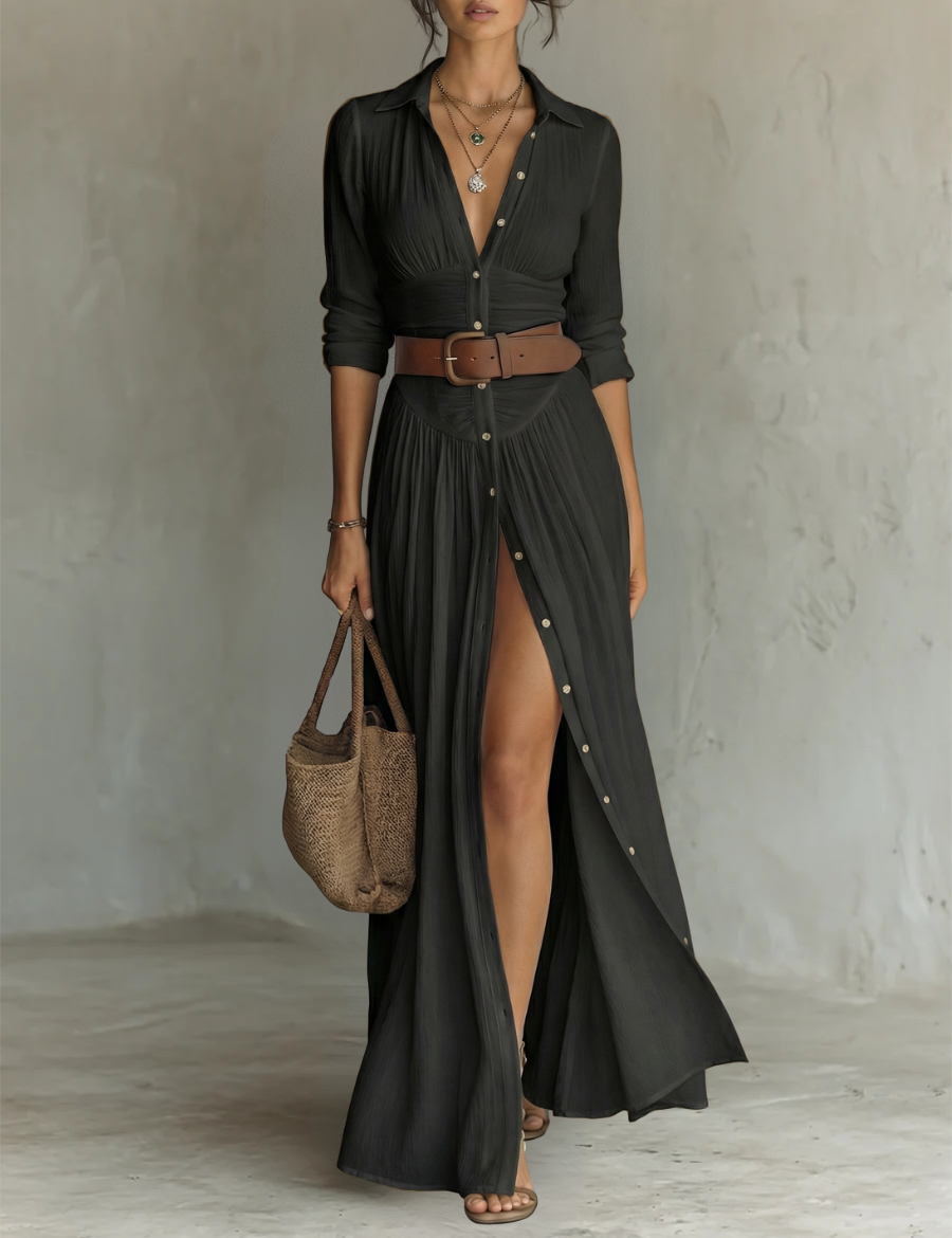 Robe Maxi en Lin à Col Revers à Manches Longues
