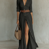 Robe Maxi en Lin à Col Revers à Manches Longues