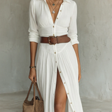 Robe maxi plissée en lin blanc