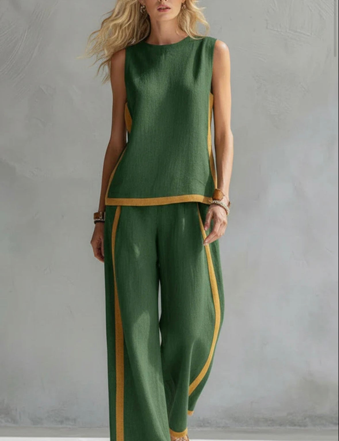 Liliana - Ensemble élégant et décontracté avec gilet et pantalons en coton et lin gris avec bordures