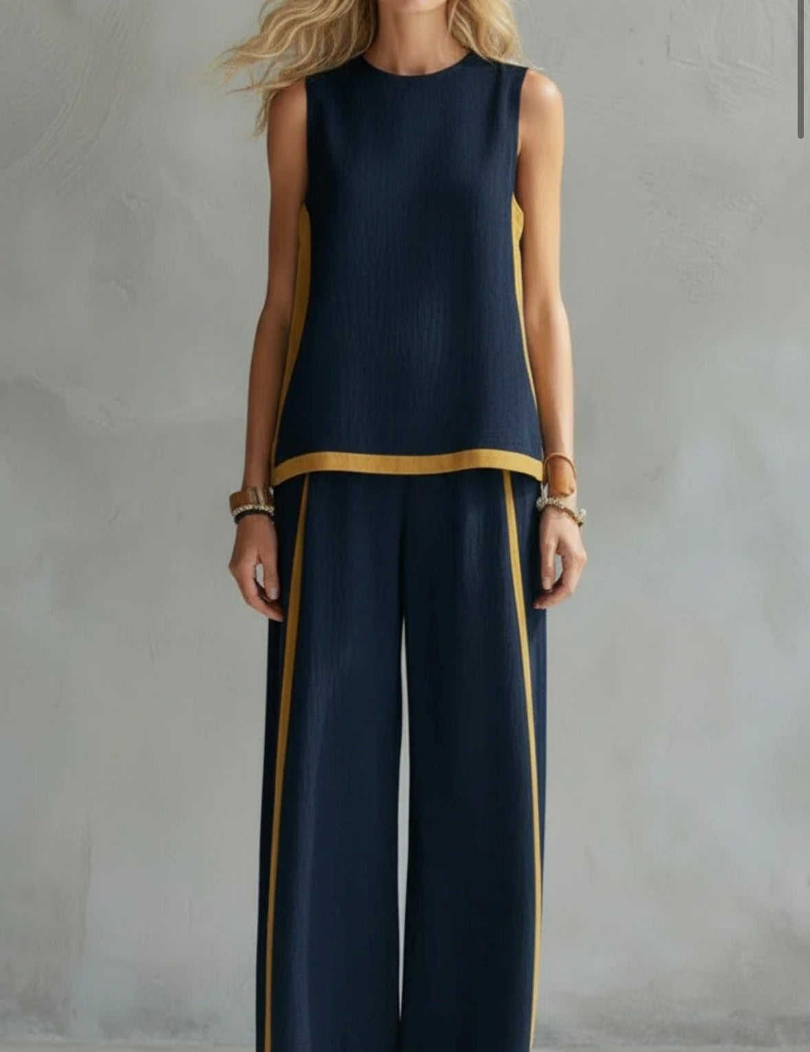 Liliana - Ensemble élégant et décontracté avec gilet et pantalons en coton et lin gris avec bordures