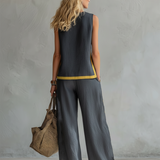 Liliana - Ensemble élégant et décontracté avec gilet et pantalons en coton et lin gris avec bordures