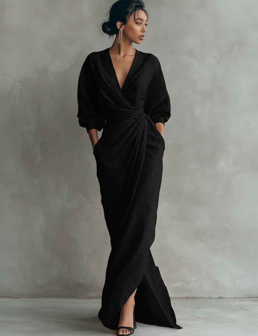 Robe Maxi en Lin Rose Décolleté en V