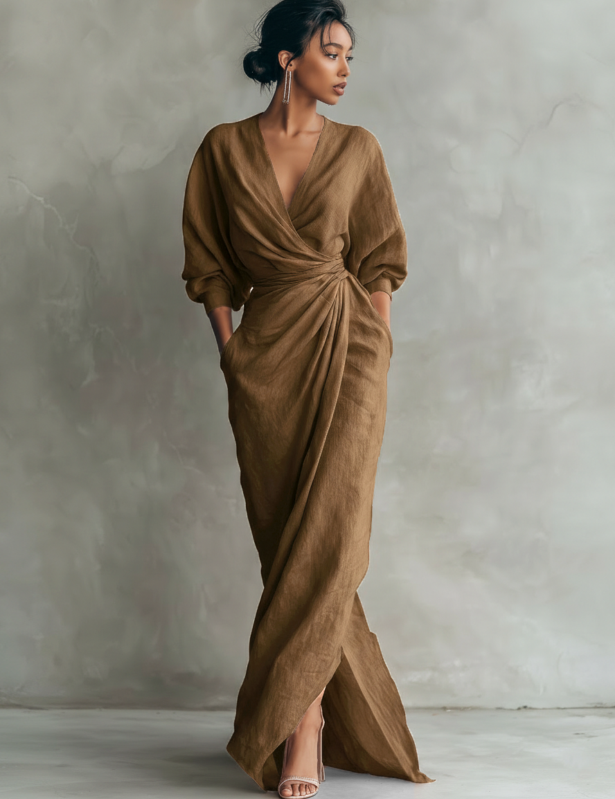 Robe Maxi en Lin Rose Décolleté en V