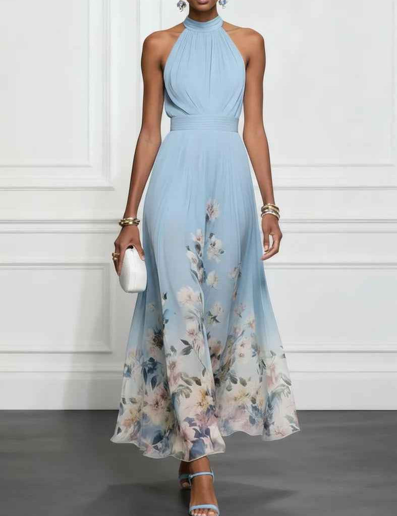 Rosalyn | Robe Maxi Chiffon avec Fleurs Bleues
