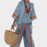 Valeria – haut rayé terracotta sophistiqué et pantalons décontractés