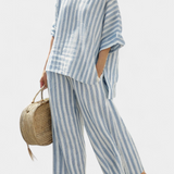 Federica – haut risqué bleu sophistiqué et pantalons décontractés