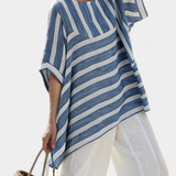Ornella – top bleu sophistiqué à rayures et pantalon avec détails en bas