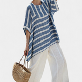 Ornella – top bleu sophistiqué à rayures et pantalon avec détails en bas