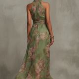 Firenze | Robe Maxi Chiffon Florale Verte à Dos Nu